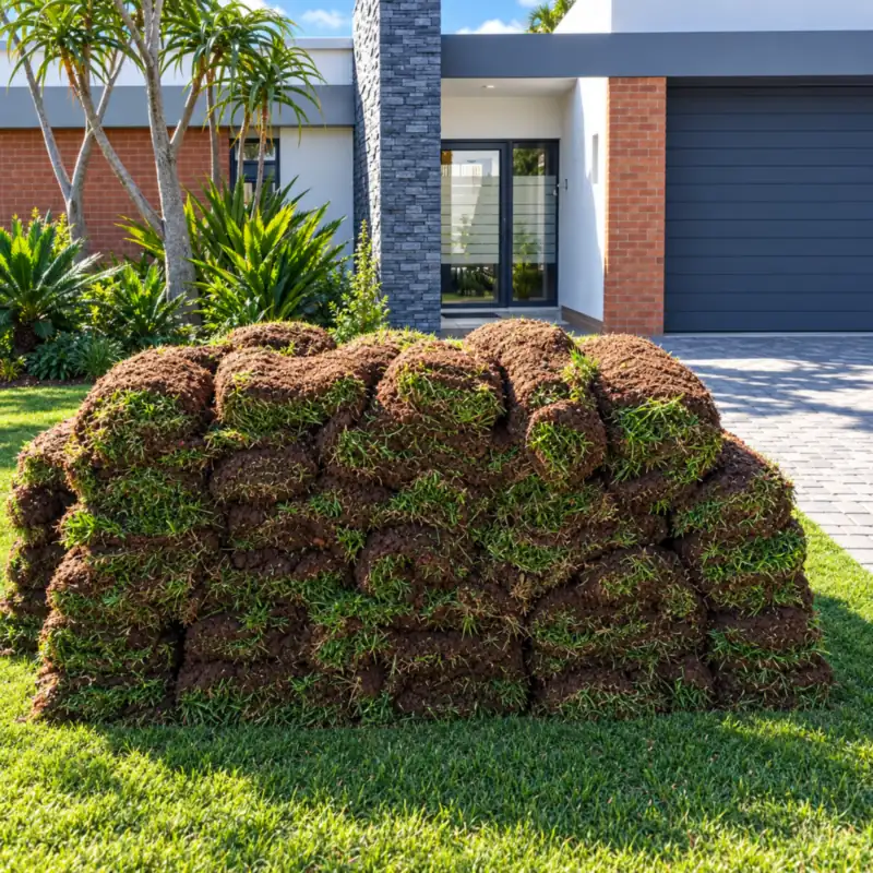 Rolls of instant lawn stacked on site, ready to lay