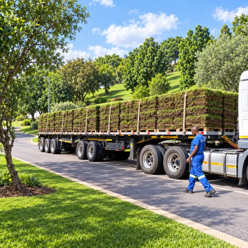A long flatbed truck loaded with pallets of instant lawn