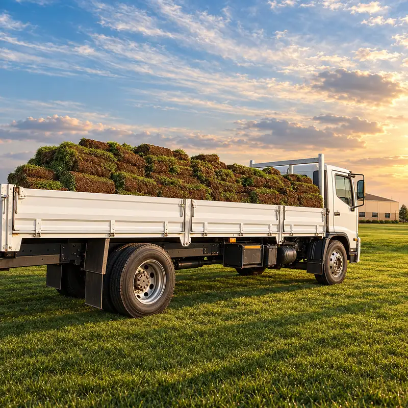 A medium truck loaded with rolls of instant lawn