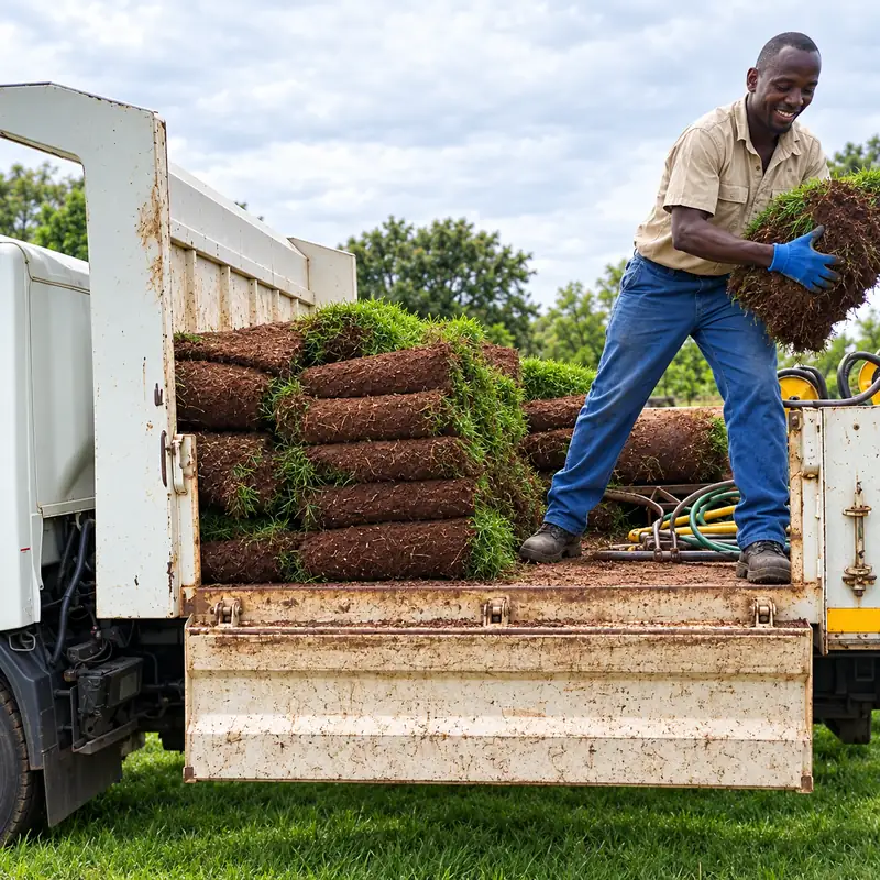A Quick Lawn team member offloading rolls of lawn from the truck by hand