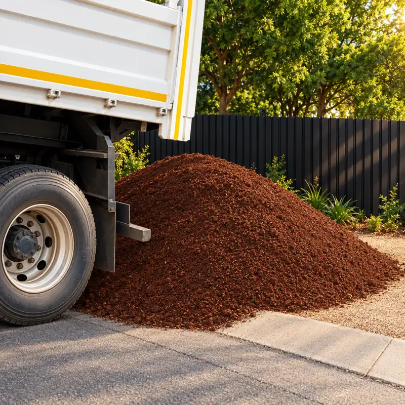 A truck tipping a load of compost at the edge of a driveway