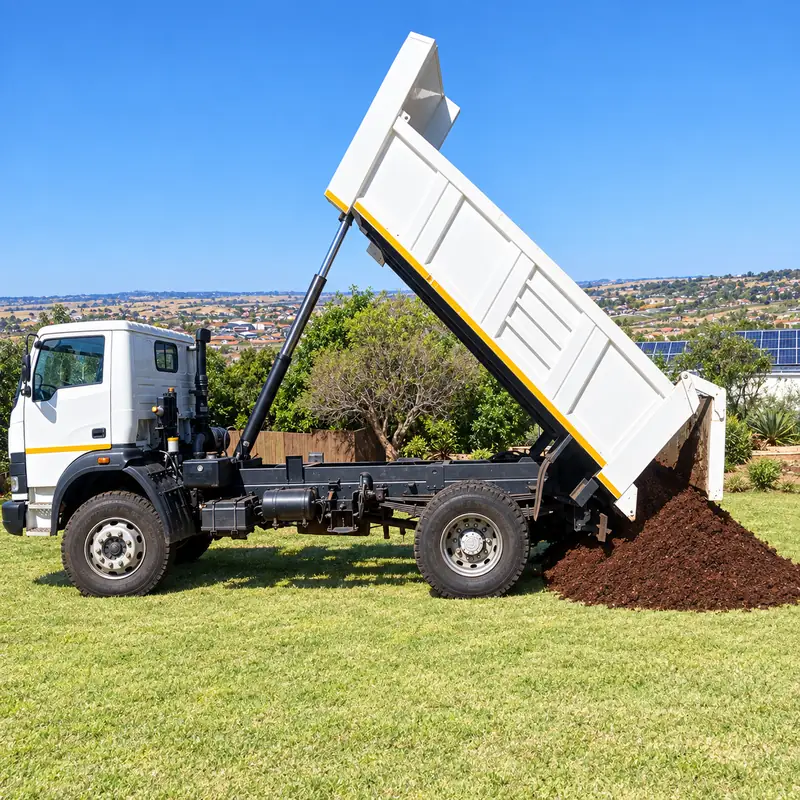 A tipper truck offloading compost onto a lawn
