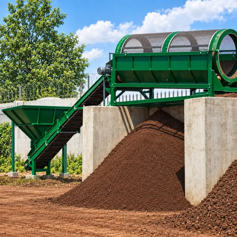 The sifting plant at the farm, with a heap of finished lawn dressing