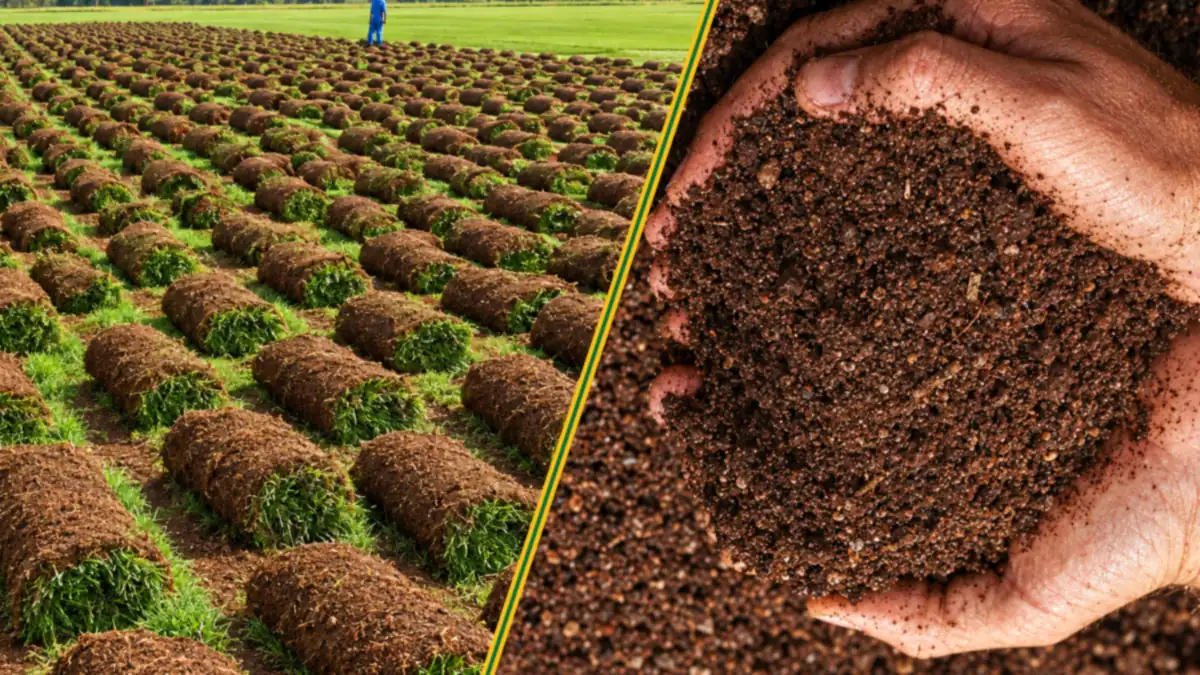 Rows of rolled instant lawn ready on the farm, beside a handful of dark, sifted lawn dressing.