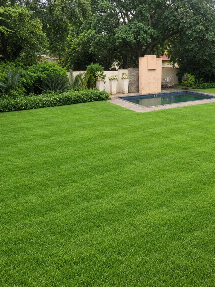 After lawn dressing: the same lawn, thick and evenly green.
