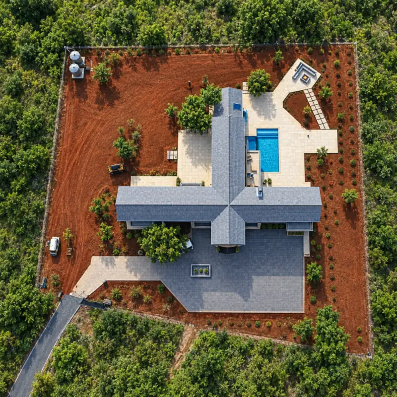 Aerial view of the Buffelspoort site before the lawn: bare red earth around the house
