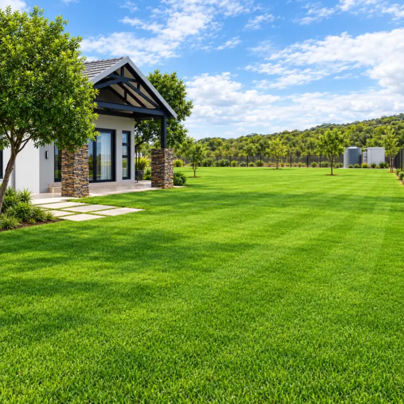The finished Buffelspoort lawn, striped and green, running up to the house