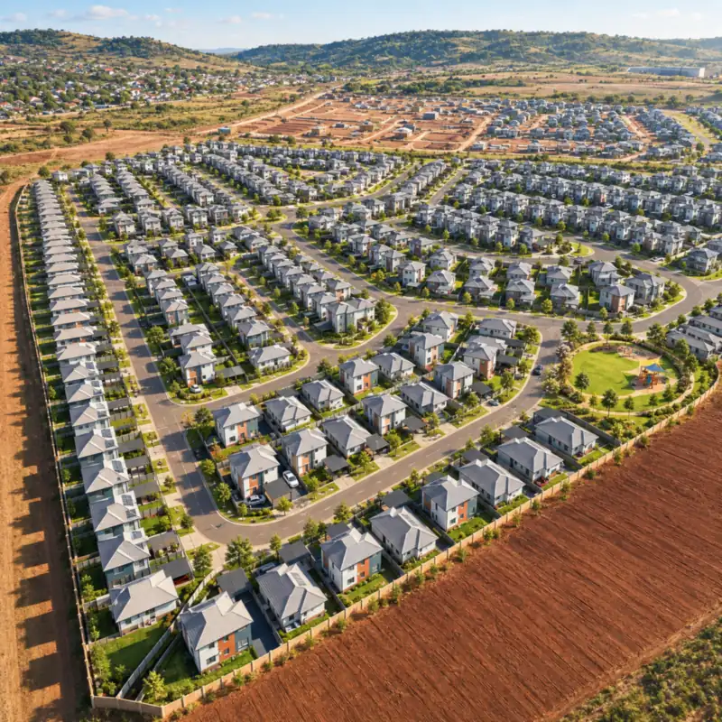 Aerial view of a Central Developments housing estate with lawns installed