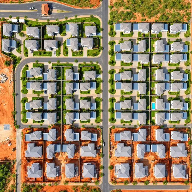 Top-down aerial view of an MNK housing development, lawns in on the completed rows