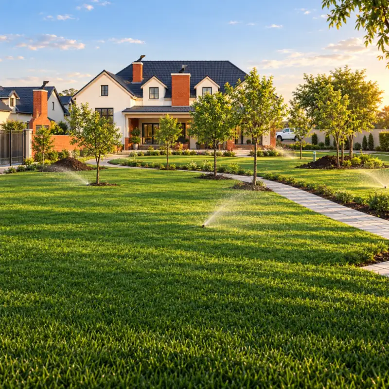 New lawn in front of a house at Waterlake Farm, sprinklers running