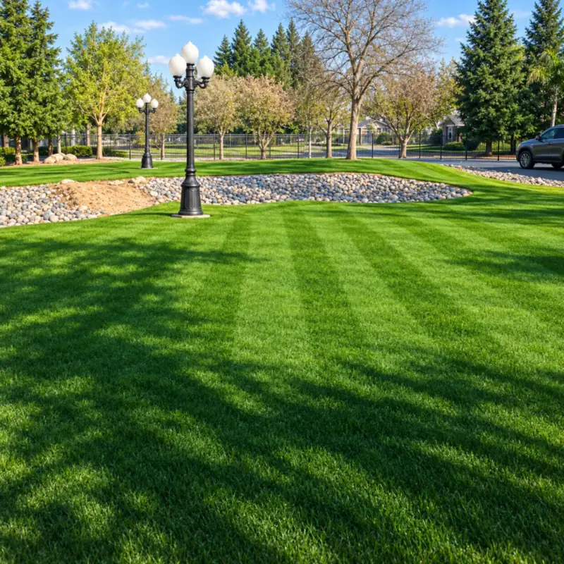 Striped new lawn beside a lamp post at Waterlake Farm